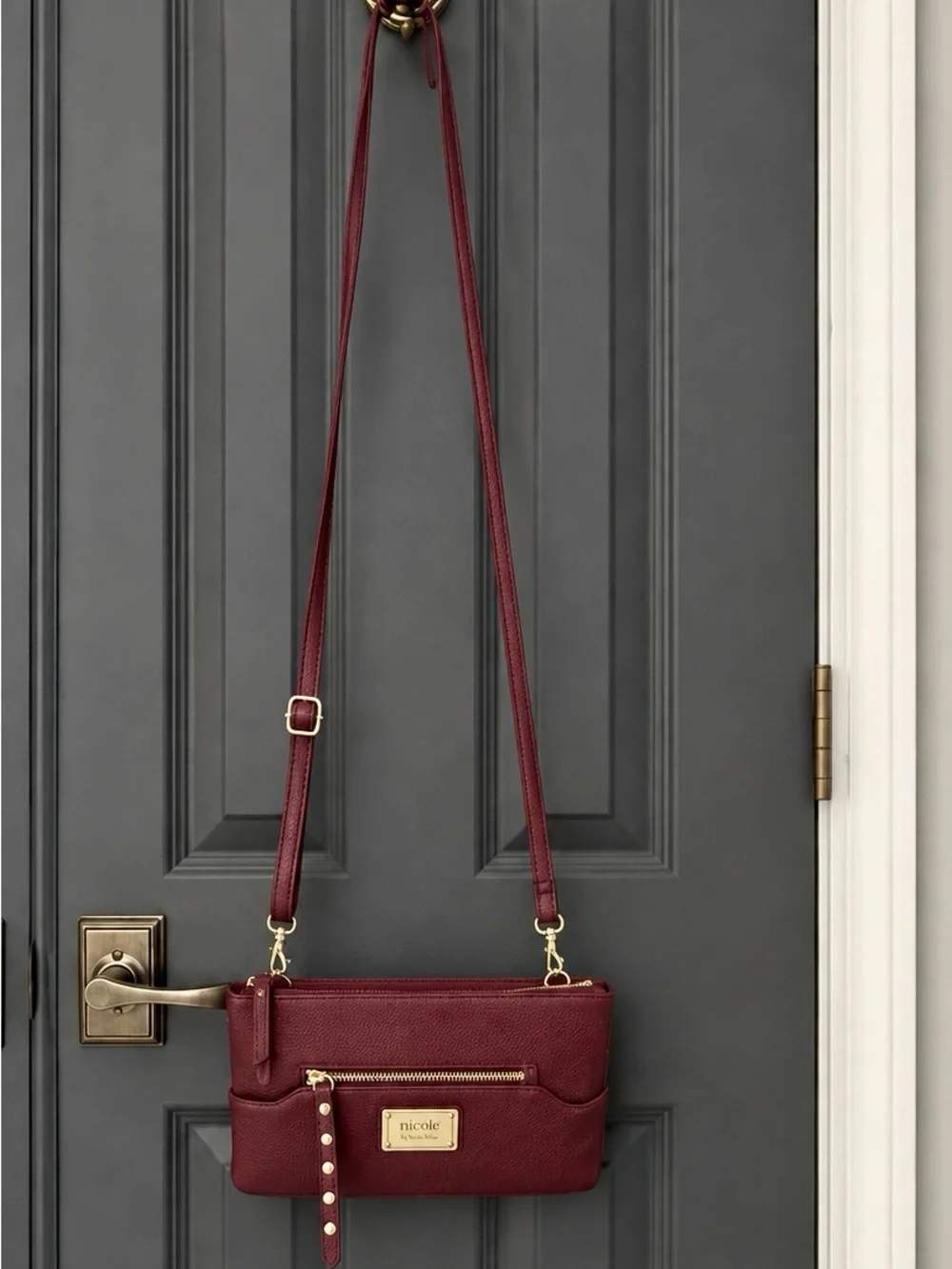 Nicole by Nicole Miller Wine Red Crossbody Bag with Gold Hardware